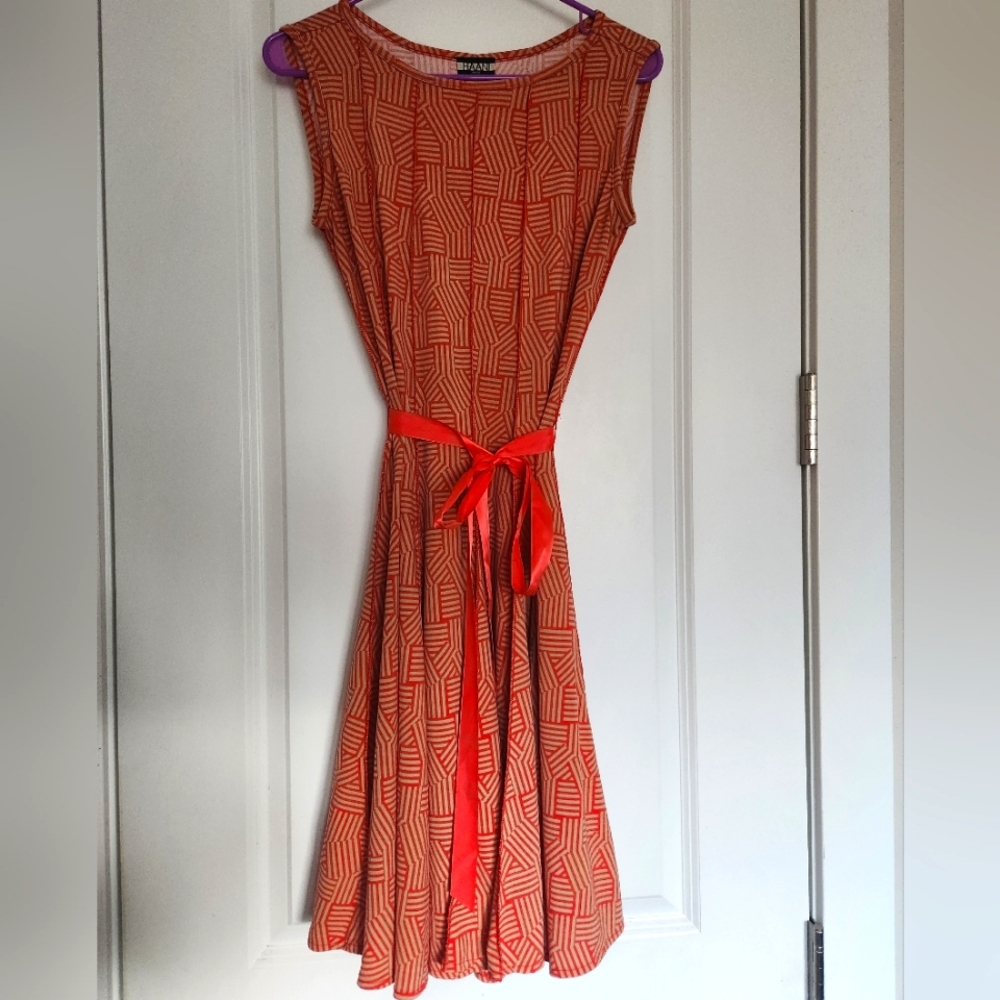 Haani Preppy A-line Dress/Petite Small/Coral-Orange Geometric Print